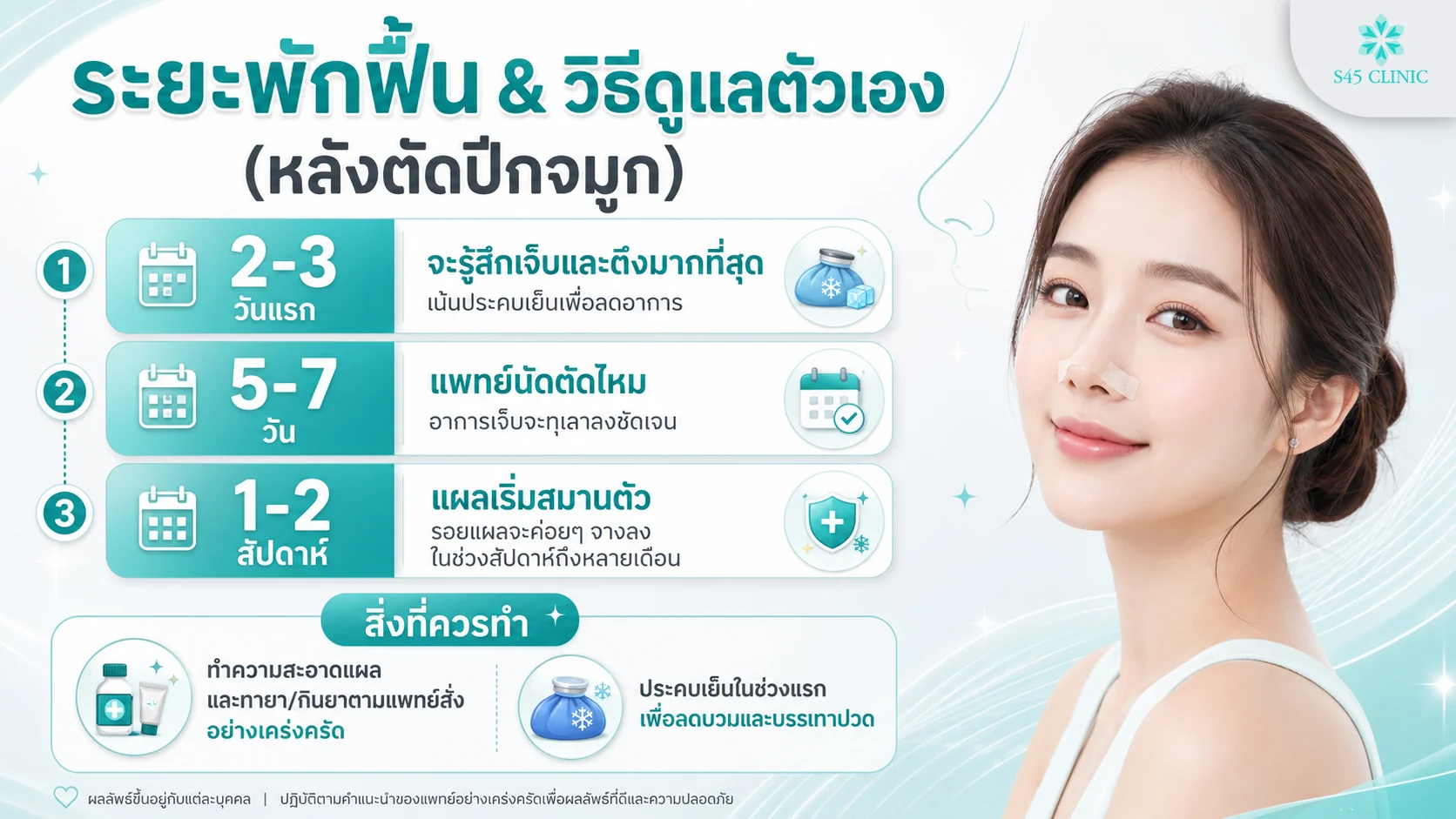 ระยะพักฟื้นและวิธีดูแลตัวเองหลังตัดปีกจมูก 2-3 วันแรก ตัดไหม 5-7 วัน แผลสมาน 1-2 สัปดาห์