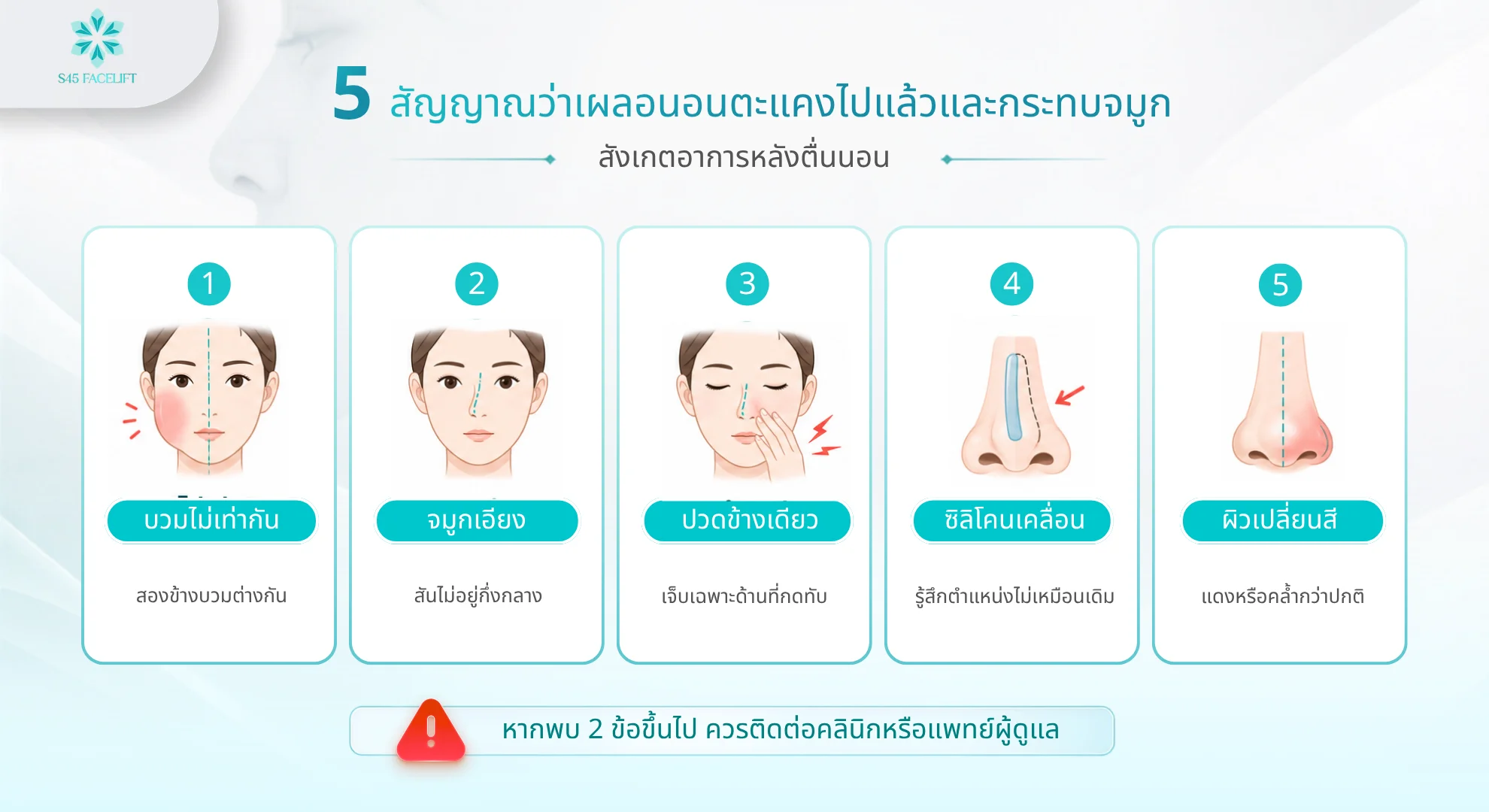 5 สัญญาณจมูกกระทบจากการนอนตะแคง บวมไม่เท่ากัน จมูกเอียง ปวดข้างเดียว ซิลิโคนเคลื่อน และสีผิวเปลี่ยน