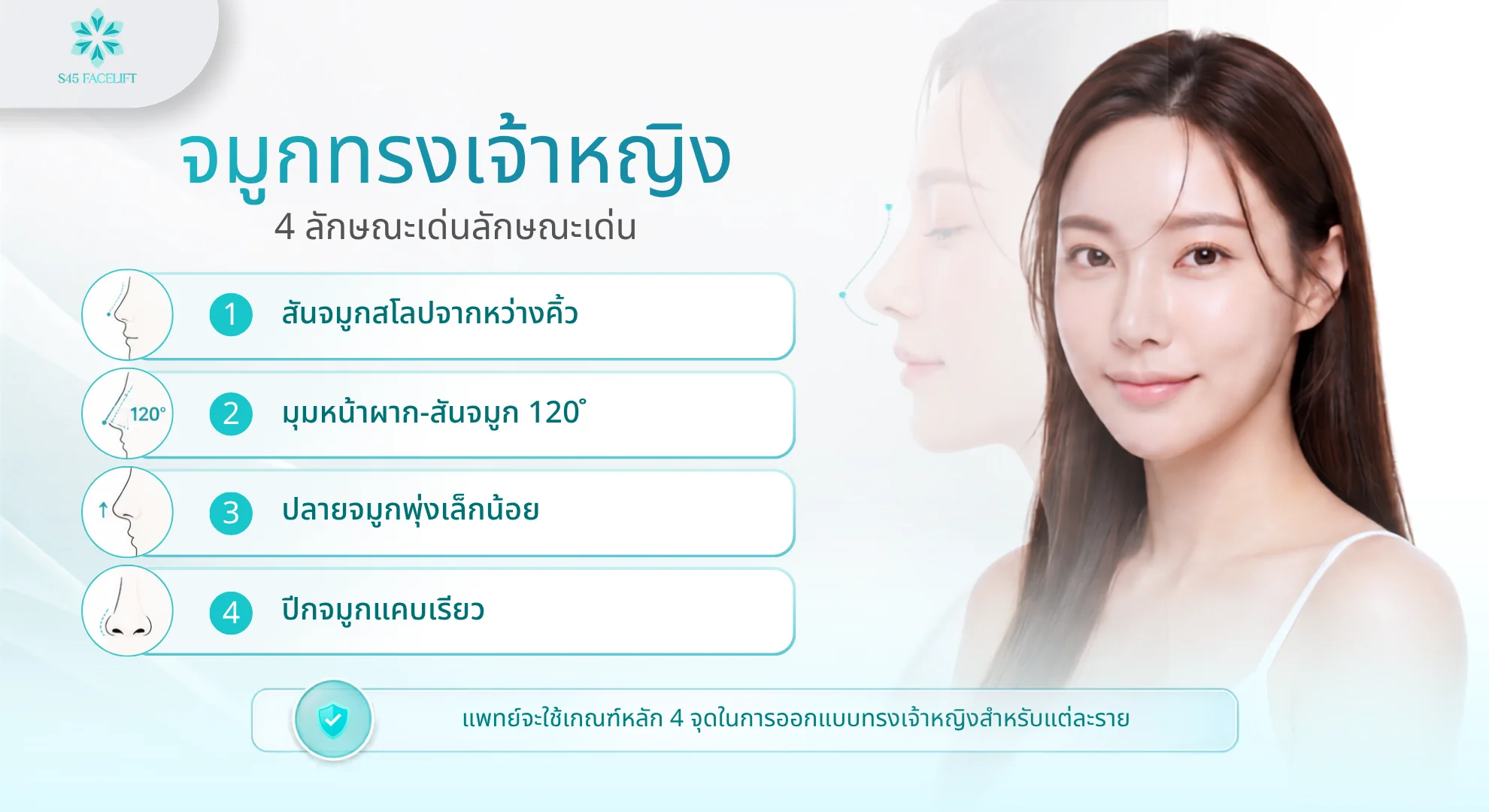 4 ลักษณะเด่นจมูกทรงเจ้าหญิง สันสโลปจากหว่างคิ้ว มุม 120 องศา ปลายพุ่งเล็กน้อย และปีกแคบเรียว