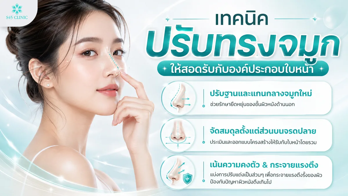 เทคนิคปรับทรงจมูกให้สอดรับกับองค์ประกอบใบหน้า ปรับฐานและแกนกลาง จัดสมดุลส่วนบนจรดปลาย กระจายแรงตึง
