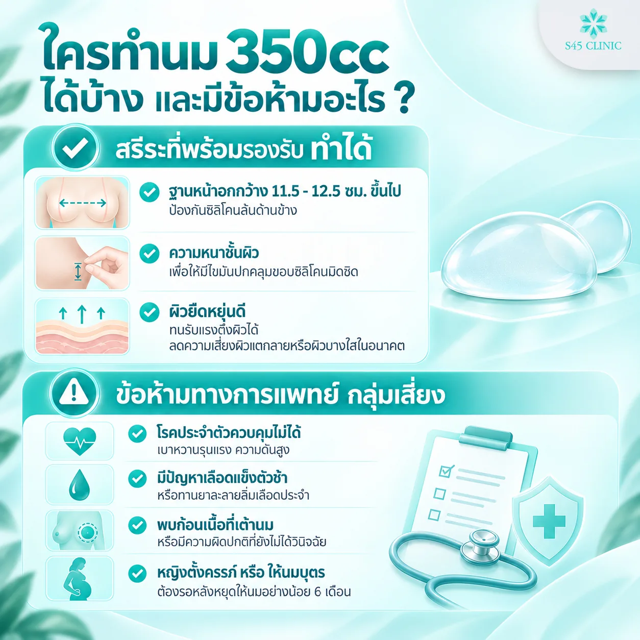 สรีระที่เหมาะกับการทำนม 350cc ฐานหน้าอก 11.5 ถึง 12.5 ซม. และข้อห้ามทางการแพทย์กลุ่มเสี่ยง