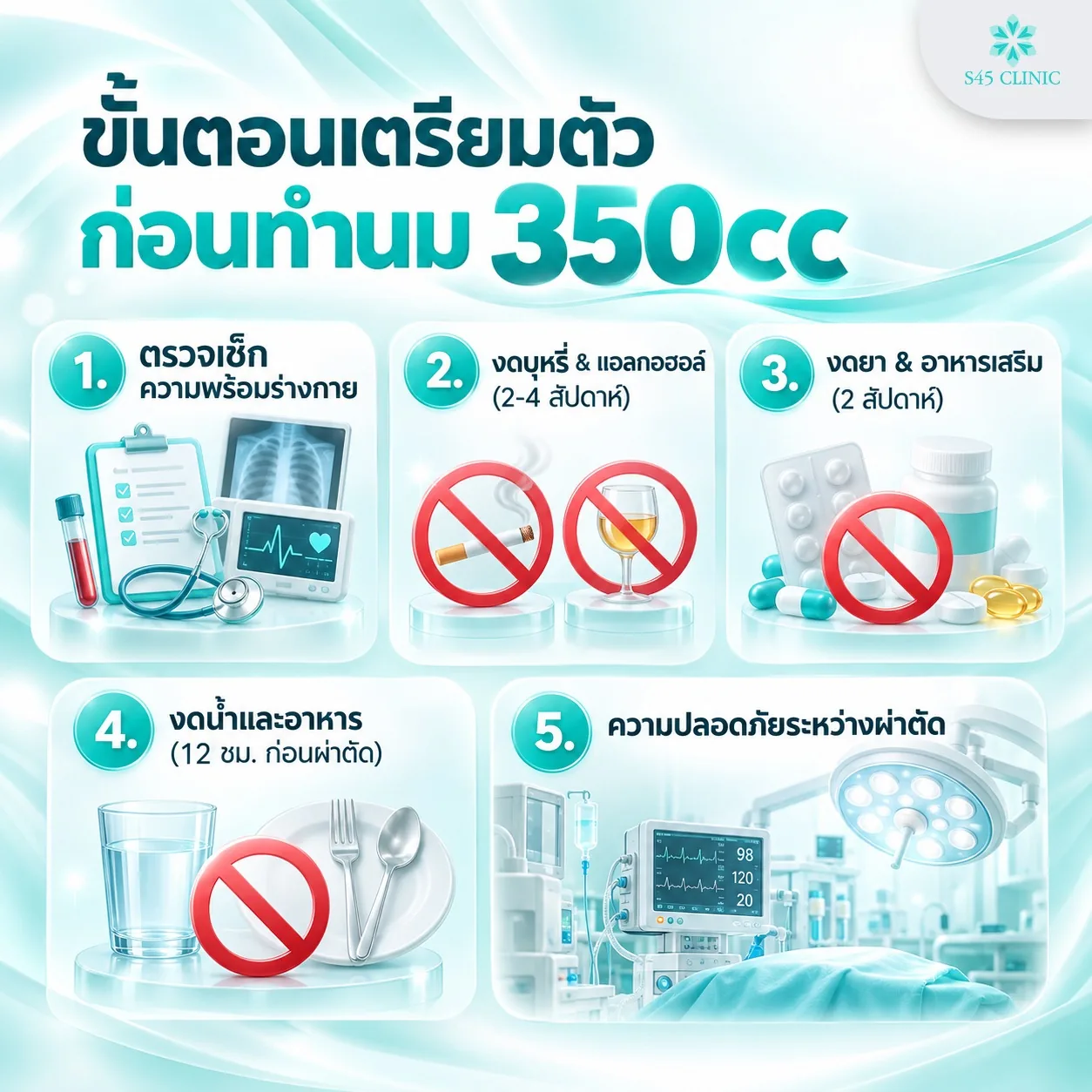 ขั้นตอนเตรียมตัวก่อนทำนม 350cc ตรวจร่างกาย งดบุหรี่ แอลกอฮอล์ ยา อาหารเสริม และงดน้ำงดอาหาร