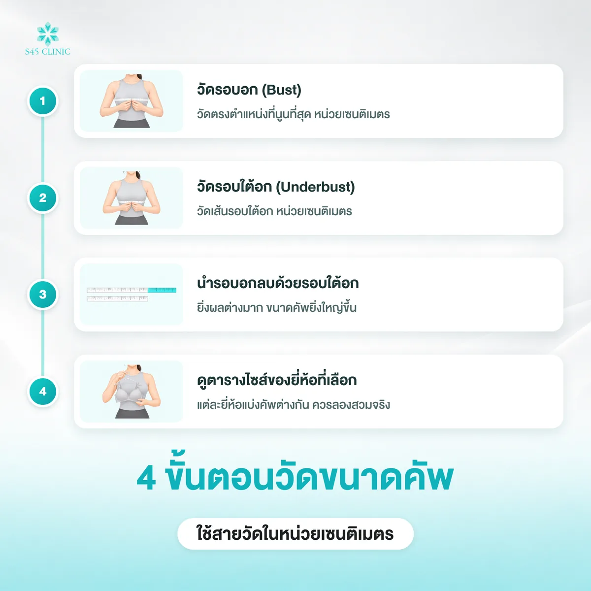 4 ขั้นตอนวัดขนาดคัพ วัดรอบอก วัดรอบใต้อก นำมาลบกัน และดูตารางไซส์ของยี่ห้อ