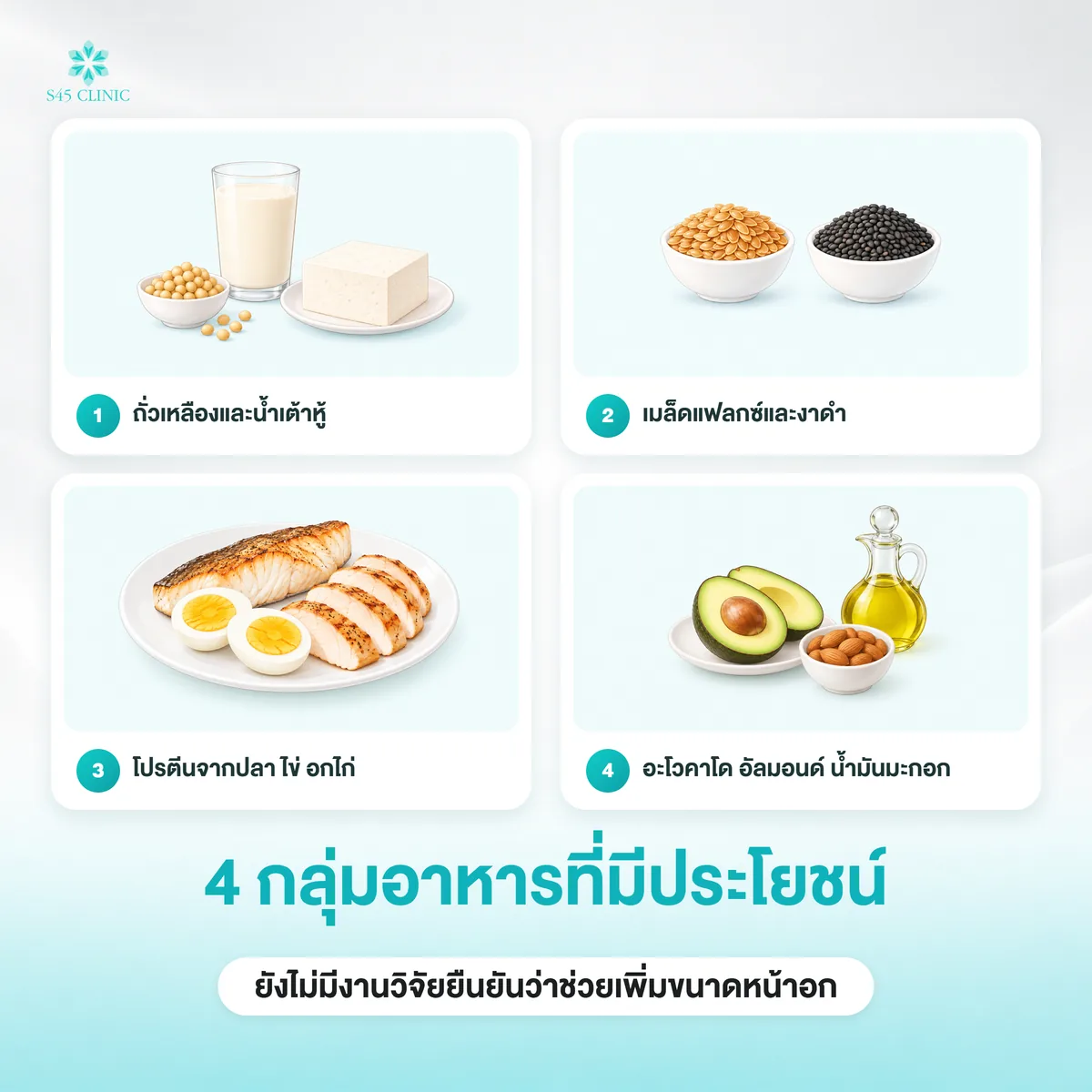 4 กลุ่มอาหารที่มีประโยชน์ ถั่วเหลือง เมล็ดแฟลกซ์ โปรตีน และไขมันดี