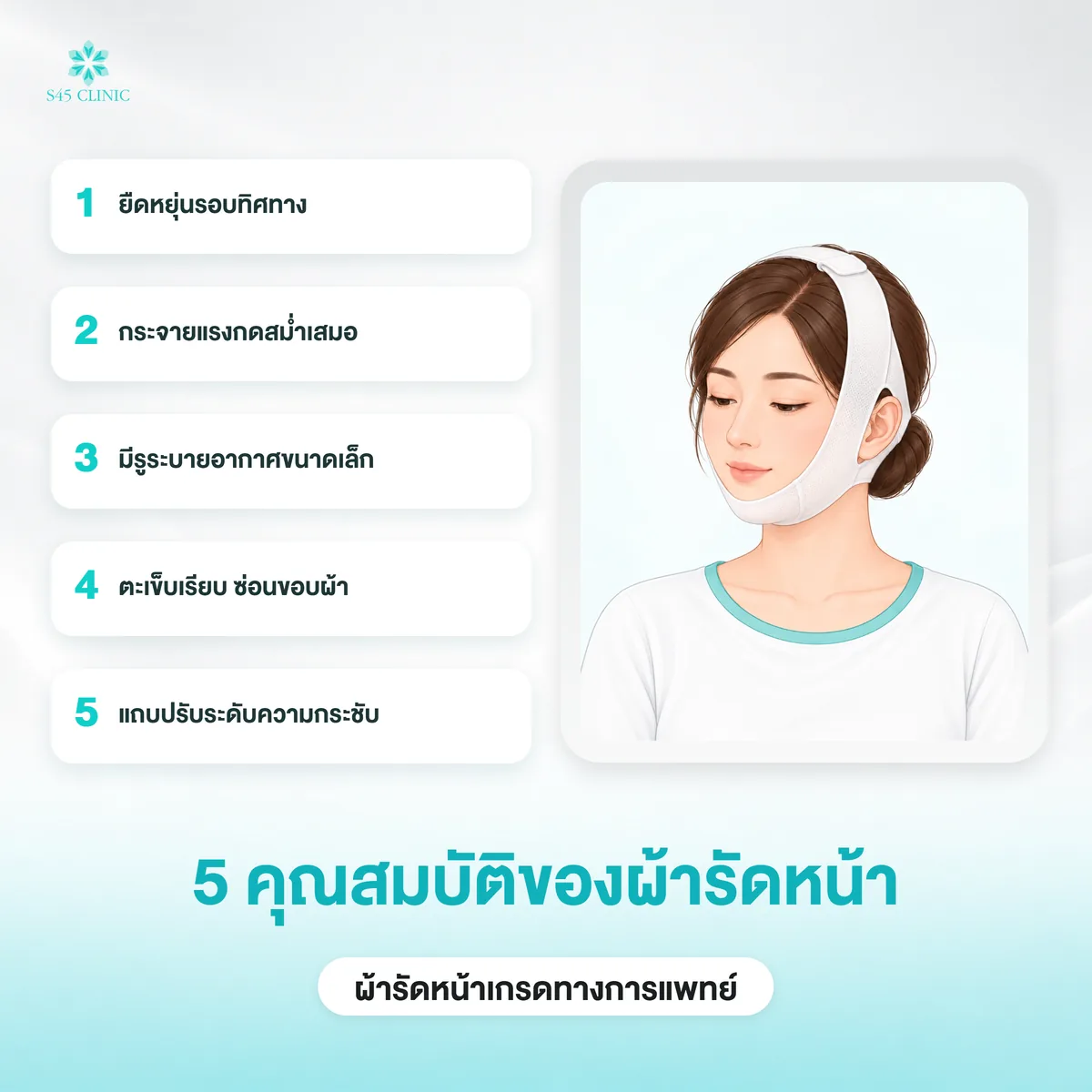 5 คุณสมบัติของผ้ารัดหน้า ยืดหยุ่นรอบทิศทาง กระจายแรงกด ระบายอากาศ และปรับความกระชับได้