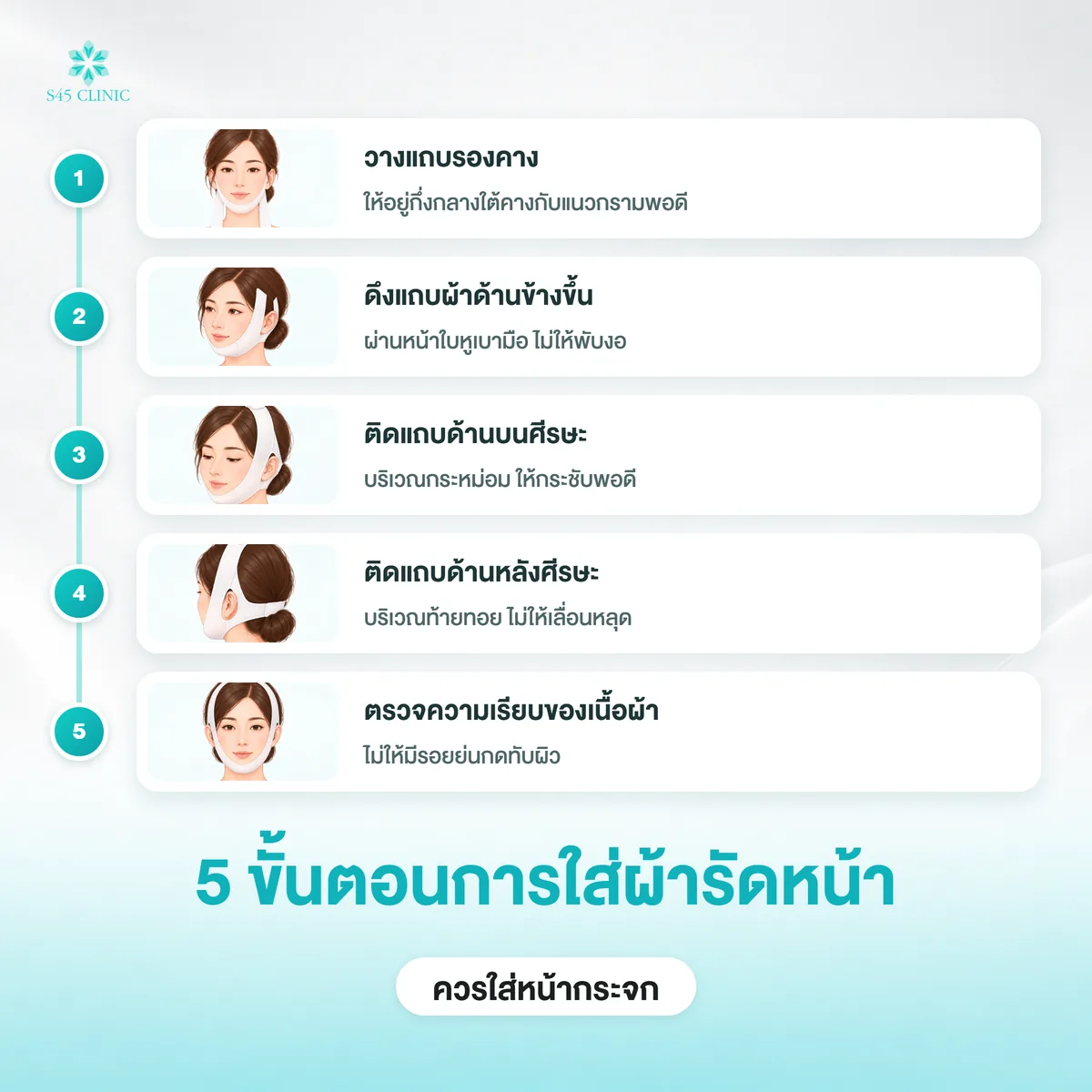 5 ขั้นตอนการใส่ผ้ารัดหน้า ตั้งแต่วางแถบรองคางจนถึงตรวจความเรียบของเนื้อผ้า