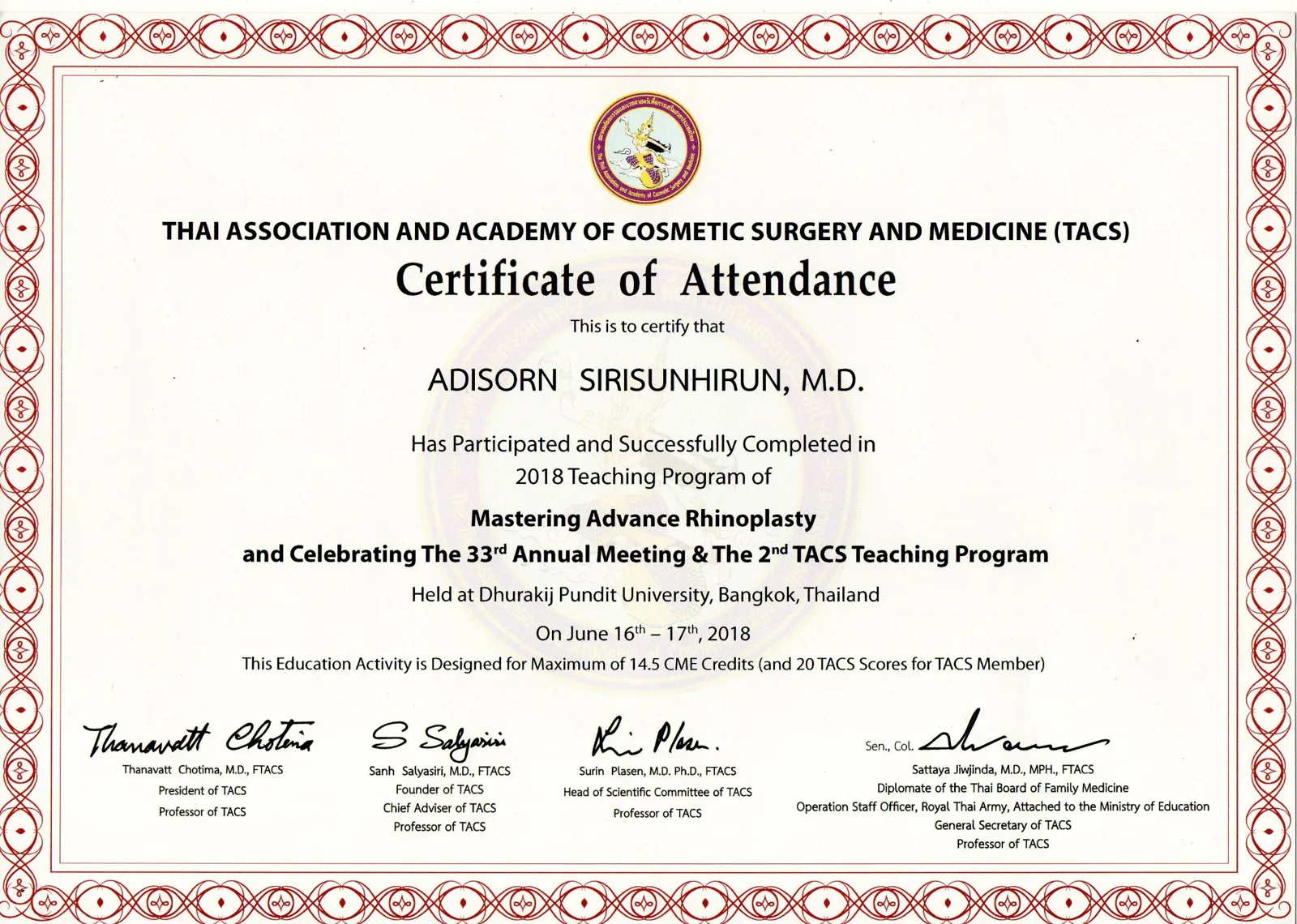 การประชุมวิชาการด้านศัลยกรรมจมูก (Rhinoplasty) ในงาน 33rd Annual Meeting ของ Thai Association and Academy of Cosmetic Surgery and Medicine (TACS) วันที่ 16 ถึง 17 มิถุนายน 2561