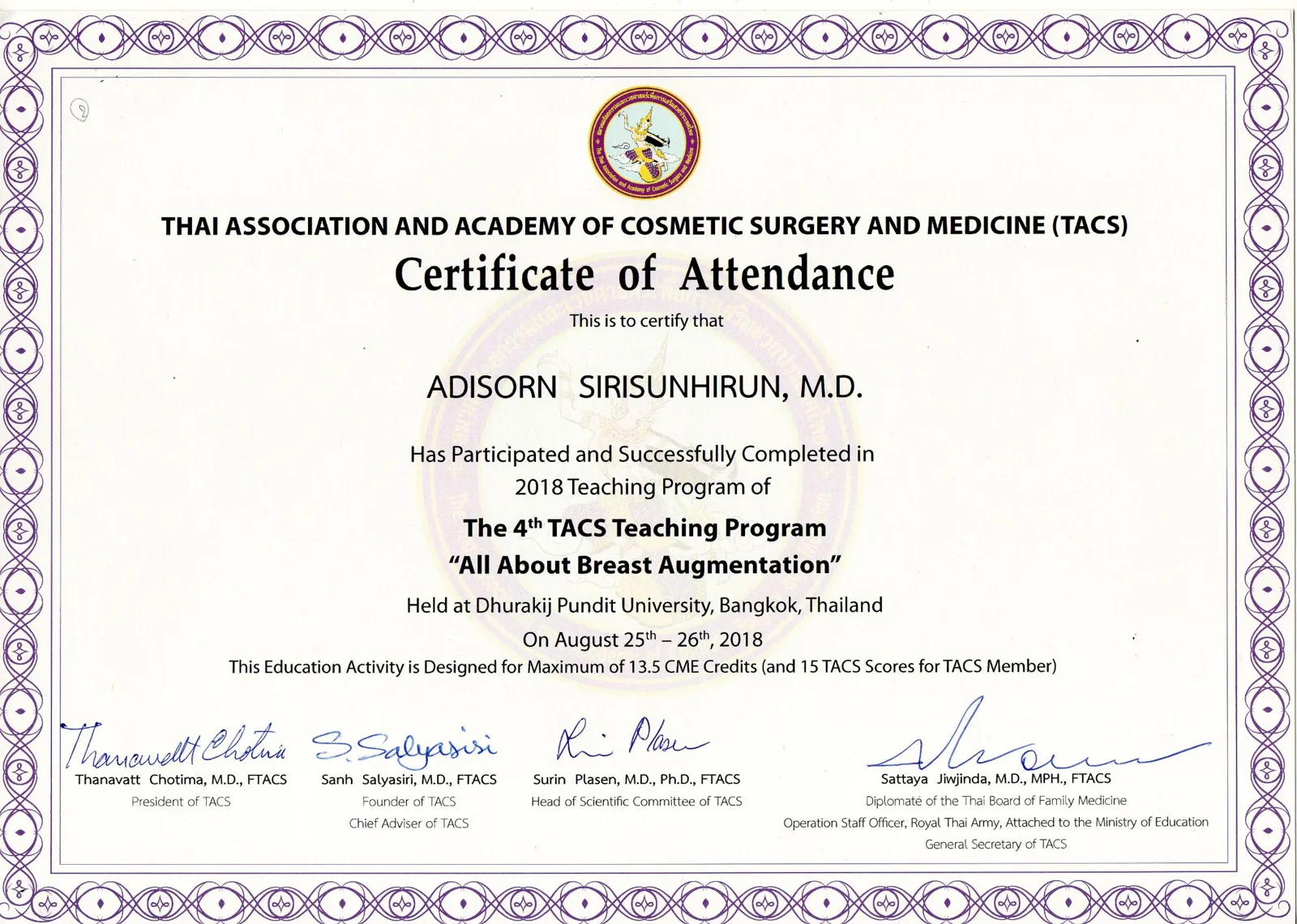 การประชุม The 4th TACS Teaching Program หัวข้อ All About Breast Augmentation วันที่ 25 ถึง 26 สิงหาคม 2561