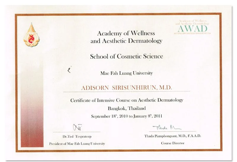 หลักสูตร Intensive Course on Aesthetic Dermatology มหาวิทยาลัยแม่ฟ้าหลวง กันยายน 2553 ถึงมกราคม 2554