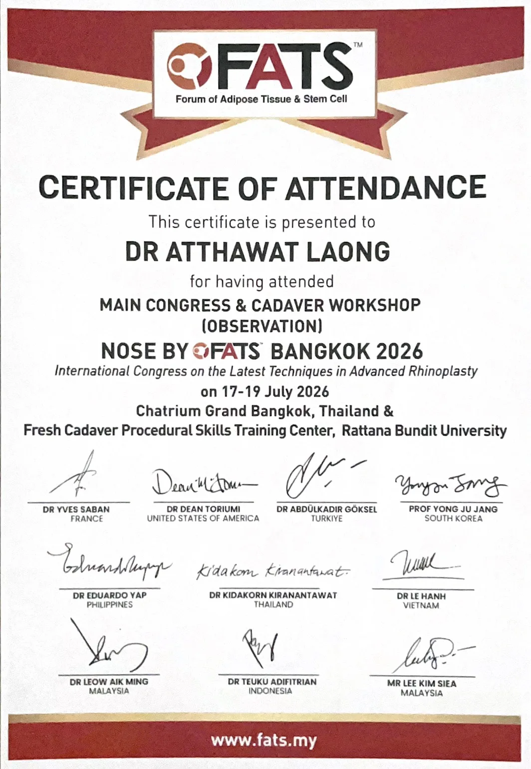 ใบประกาศเข้าร่วม Main Congress และ Cadaver Workshop (Observation) งาน NOSE by FATS Bangkok 2026 วันที่ 17 ถึง 19 กรกฎาคม 2569
