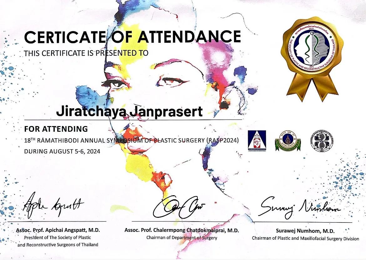 ใบประกาศเข้าร่วมงาน 18th Ramathibodi Annual Symposium of Plastic Surgery (RASP2024) วันที่ 5 ถึง 6 สิงหาคม 2567