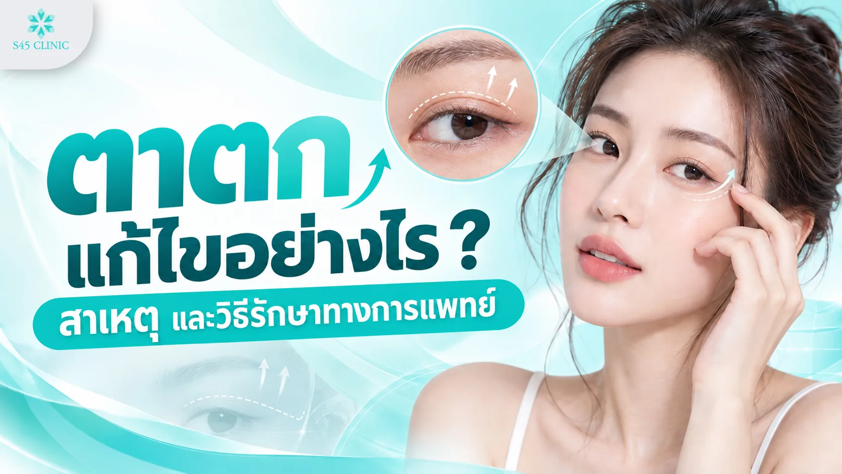 ภาพประกอบบทความตาตกแก้ไขอย่างไร หญิงแตะหางตา พร้อมภาพดวงตาที่มีหนังตาหย่อน