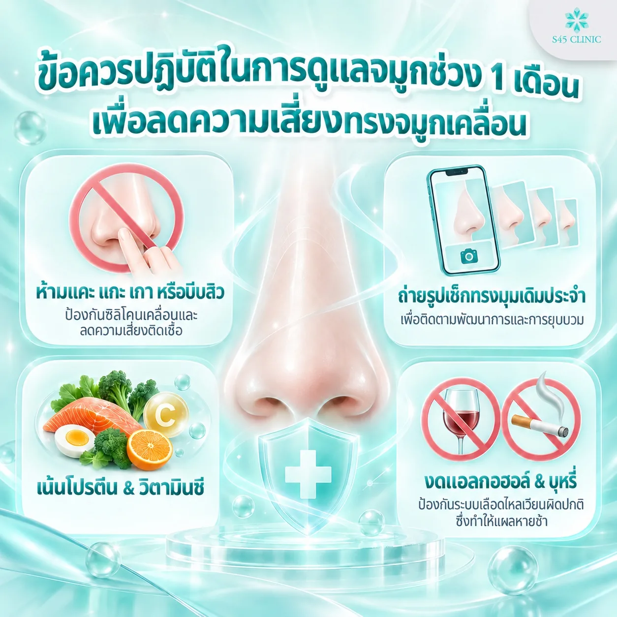 Infographic in Thai titled 'How to care for your nose in the first month to lower the chance of your nose shape shifting', with 4 tips: do not pick, scratch or squeeze spots on your nose, to keep the silicone from moving and lower the chance of infection, take photos from the same angle regularly to follow your progress and swelling, eat protein and vitamin C, and avoid alcohol and smoking, which disrupt blood circulation and slow wound healing